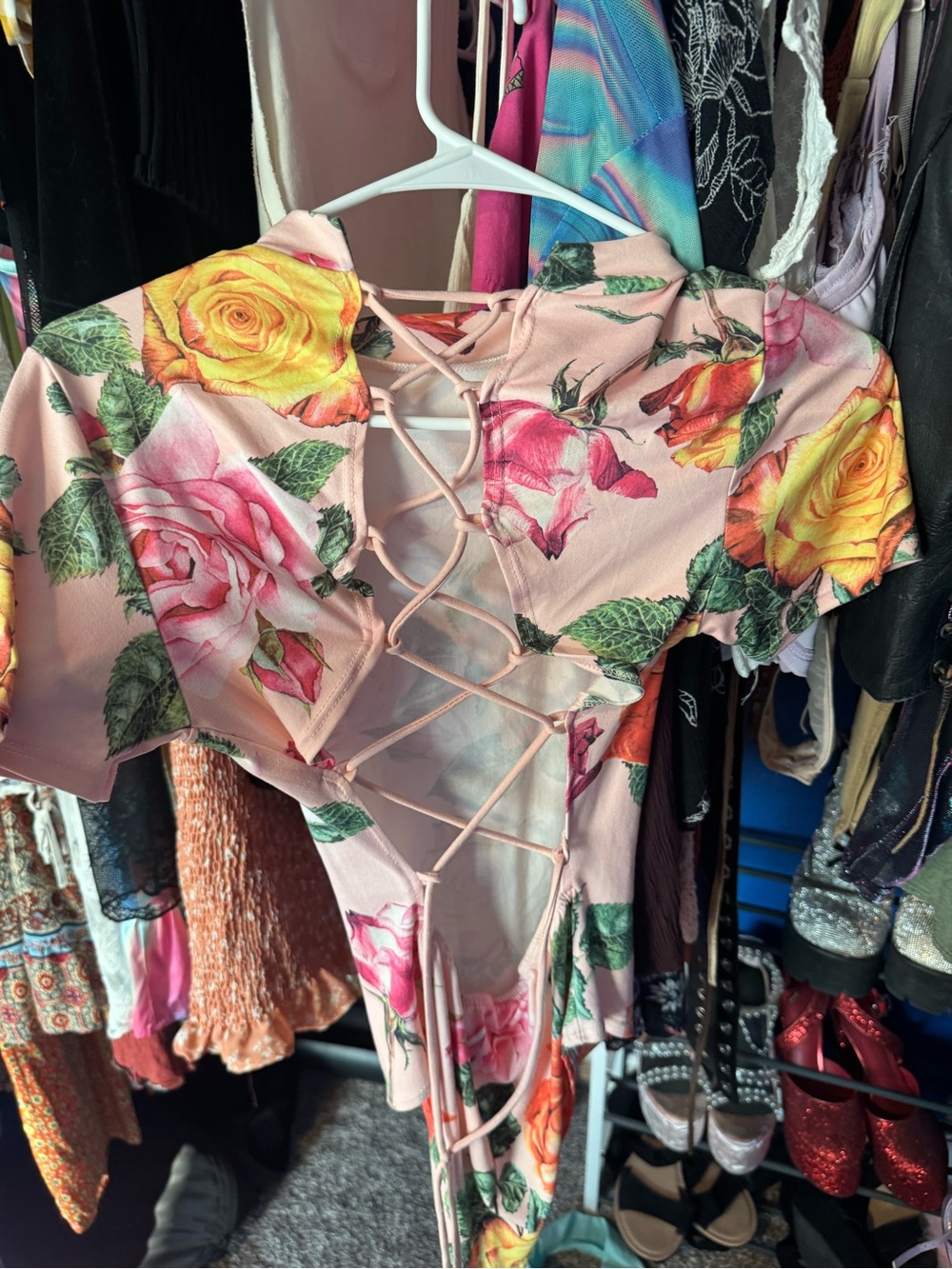 Fashion Nova Pink Floral Lace-Up Bodysuit with Yellow Roses